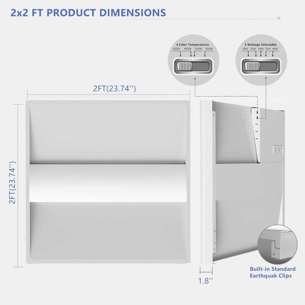40 Pack 2x2 LED Troffer Light,20/W/25W/30W/35W/40W & 3000K/3500K/4000K/5000K Selectable,5200lm 0-10V Dimmable,ETL DLC Listed,100-277V,for Office & Warehouse