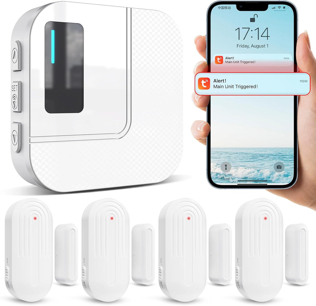 Door Chime,Sanjie WiFi Door Sensor Open Chime When Entering for Business/Home/Store/Office Alert Your Phone,Alarms for Kids Safety,500 FT Range,20 Ringtones,4 Sensors 1 Receiver