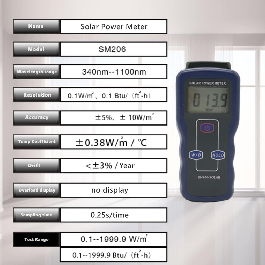 Digital Solar Power Meter, Sun Light Energy Measuring Tester for Testing Car Window Performance, Handheld Portable Sunlight Intensity Meter, W/m2 Meter