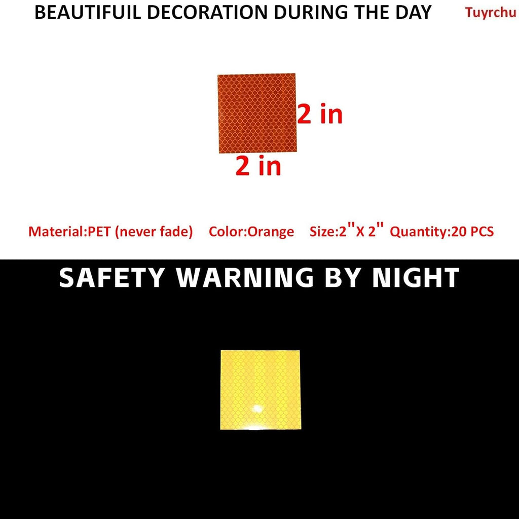 Non Fading Orange Reflective Stickers 2 inch X 2 inch, Outdoor Waterproof High Visibility Warning Safety Adhesive Reflector Tape (20 Pcs)