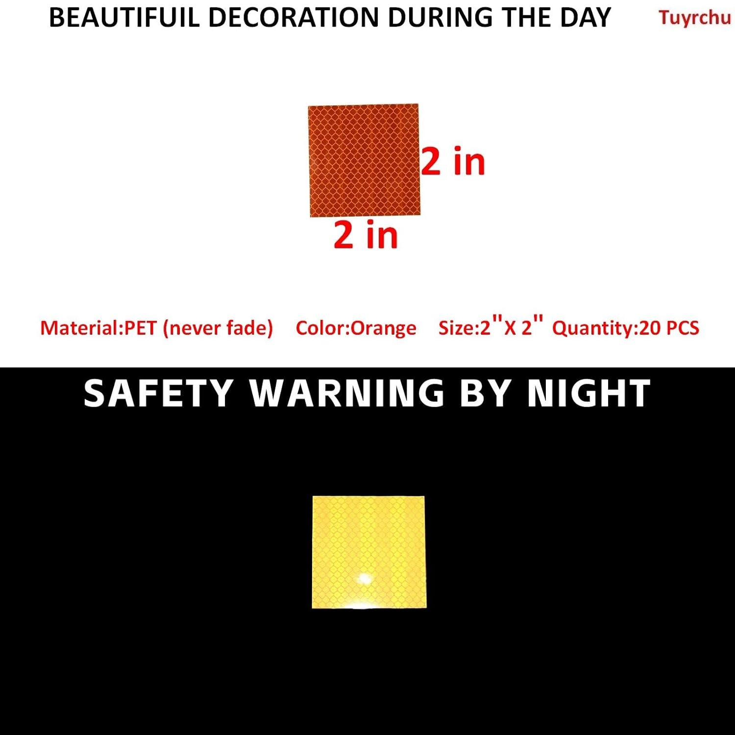 Non Fading Orange Reflective Stickers 2 inch X 2 inch, Outdoor Waterproof High Visibility Warning Safety Adhesive Reflector Tape (20 Pcs)