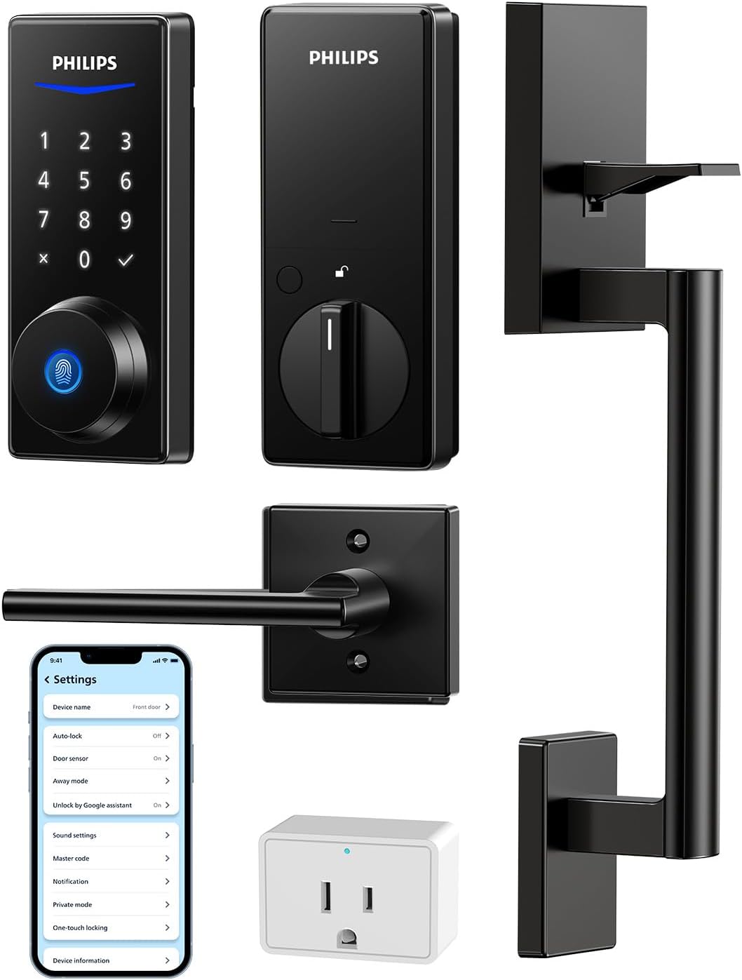 Philips Keyless Entry Keypad Door Lock with Handle, Front Door Deadbolt Set with WiFi Gateway, Wi-Fi Smart Lock with Handle, Fingerprint Unlock, PIN Code, Frosted Black