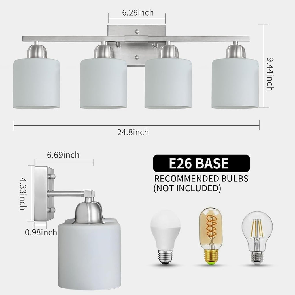 4 Light Bathroom Light Fixtures, Brushed Nickel Vanity Lights for Bathroom with Milky White Frosted Glass Shade, Wall Lights for Mirror Bedroom Living Room E26 Base