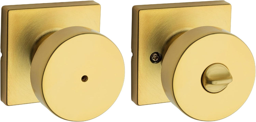 Kwikset Pismo Interior Privacy Door Knob with Lock, Door Handle for Bathroom and Bedroom, Satin Brass, Square, Keyless Turn Lock Doorknob, Microban Protection