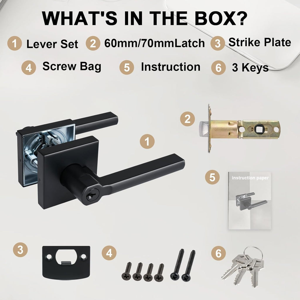 Keyed Entry Door Lever with Lock, Heavy Duty Square Interior Handle for Front Door and Office, Matte Black, Reversible for Right&Left Handed, 15Packs