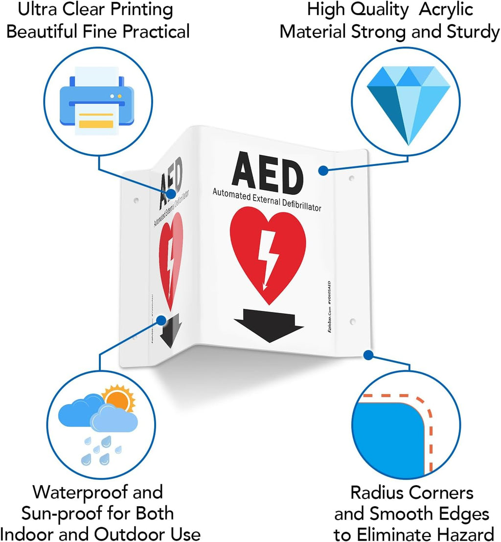 Faittoo AED Sign, AED with Down Arrow - 3 Pack 6 x 8 Inches V-Shaped Acrylic Plastic, 4 Pre-Drilled Holes, Includes Matching Screws, Use for Home Office/Business
