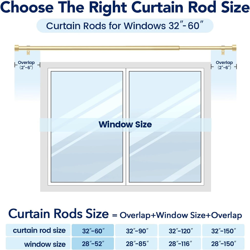 2 Pack Curtain Rods for Windows 28 to 48 Inch(2.3-4ft), 1 Inch Gold Curtain Rods Set, Adjustable Heavy Duty Curtain Rod for Patio Bedroom Living Room, Modern Drapery Rods, Size 32"- 60"