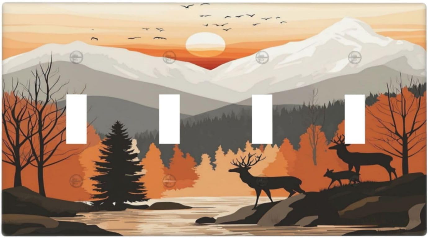 Sun Forest Deer Snow Mountain River Light Switch Covers Quad Toggle Electrical Faceplate 4 Gang Wall Plate Decorative Switch Plates For Bed Room Living Room Decor