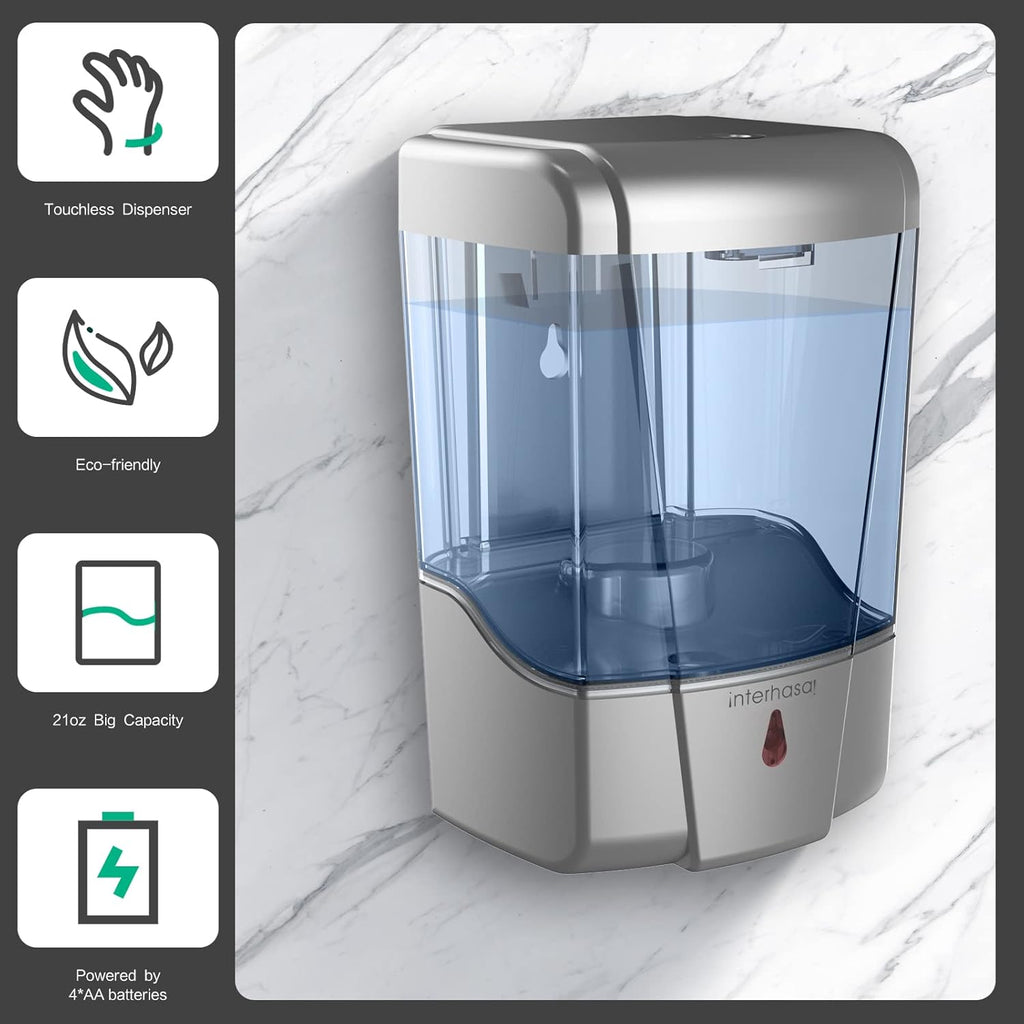 interhasa! Soap Dispenser, Touchless Hand Sanitizer Dispenser Wall Mount 600ml Automatic Kitchen Soap Dispenser for Commercial Home, Office (Silver)