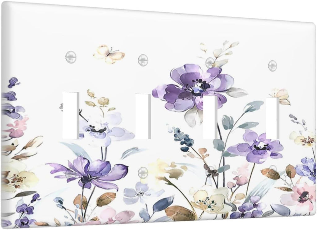 Light Switch Covers Purple Floral Lilac Watercolor Flower Leaves Butterfly Wildflower Quad Toggle 4 Gang Wall Plate Electrical Faceplate Decorative Switch Plates for Bedroom Home Decor