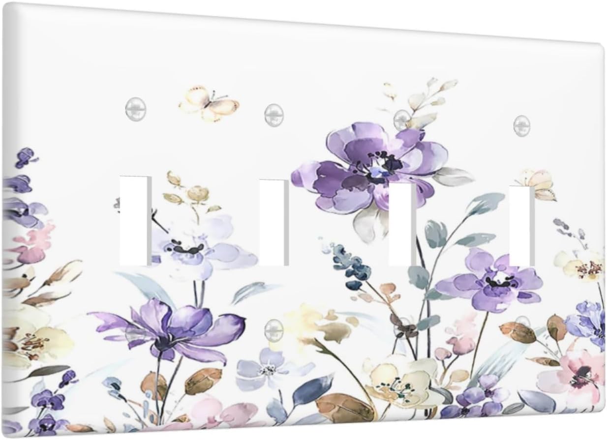 Light Switch Covers Purple Floral Lilac Watercolor Flower Leaves Butterfly Wildflower Quad Toggle 4 Gang Wall Plate Electrical Faceplate Decorative Switch Plates for Bedroom Home Decor