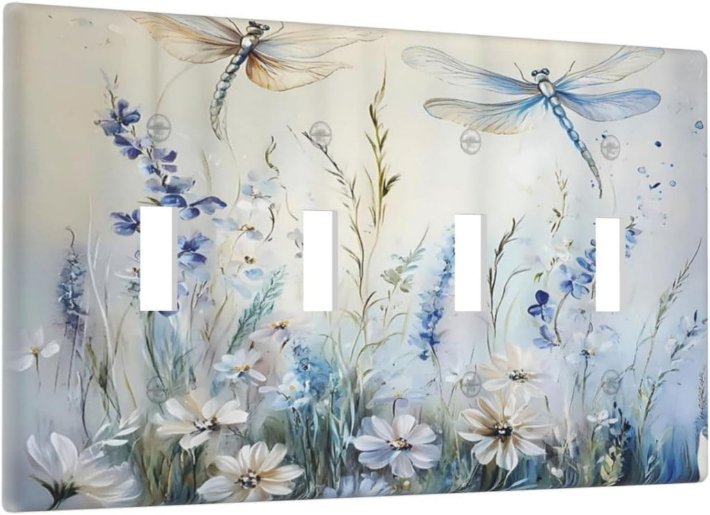 Decorative Light Switch Cover Plate Watercolor Dragonfly Blue Wihte Flower 4 Gang Wall Plates for Electrical Outlets Quad Toggle Switch Plate Covers Outlet Covers Faceplate for Bedroom Decor