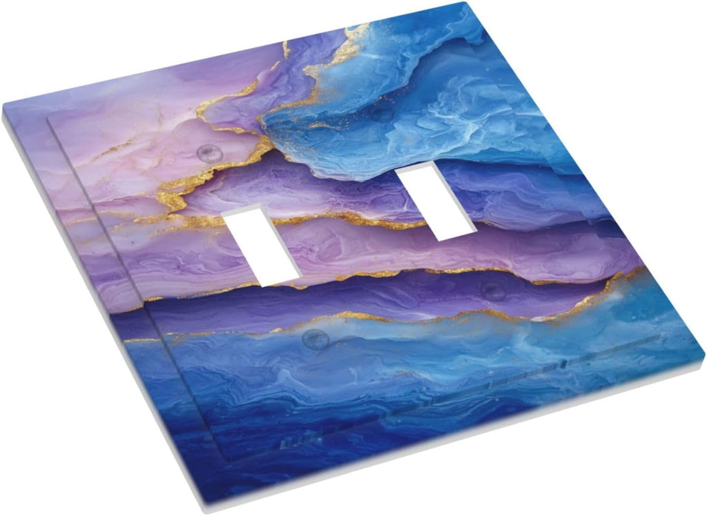 Decorative Light Switch Plate Covers Abstract Blue Purple Gold Marble Texture 2 Gang Light Switch Cover Plate Unique Double Toggle Wall Plate Outlet Covers Faceplate for Bathroon K Decor