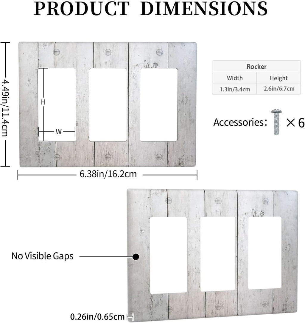 Rustic White Grey Wood Grain Light Switch Covers 3 Gang Rocker Decorative Triple Outlet Wall Plate Cover Electrical GFCI Switchplate for Bedroom Bathroom Decor