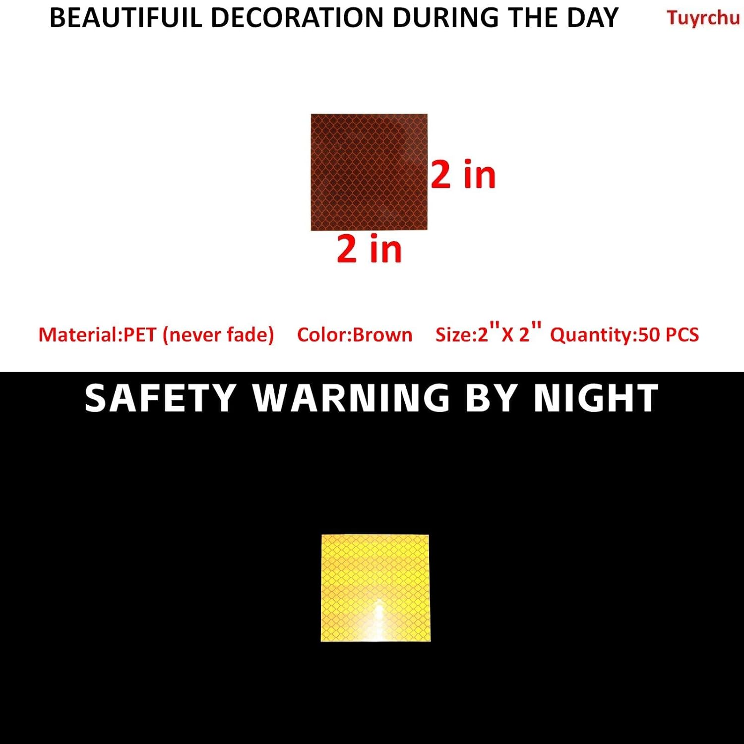 Non Fading Brown Reflective Stickers 2 inch X 2 inch, Outdoor Waterproof High Visibility Warning Safety Adhesive Reflector Tape (50 Pcs)