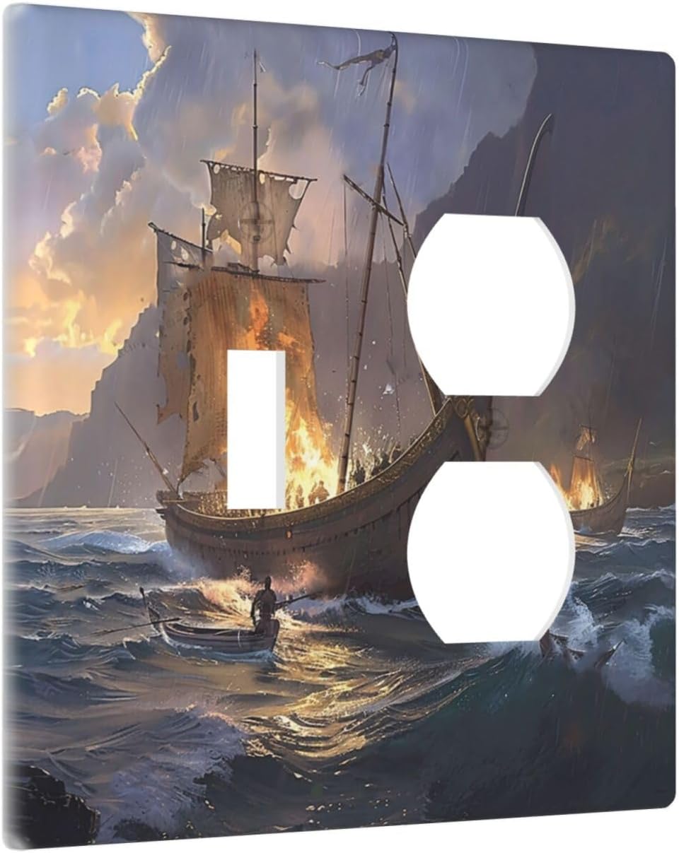 Outlet Covers Medieval Vintage Sailing Adventure Sailings Ocean Waves 1 Toggle 1 Duplex Switch Plate Covers Electrical Light Switch Cover Plate Decorative Wall Plate Socket Cover for Bedroom Cabin