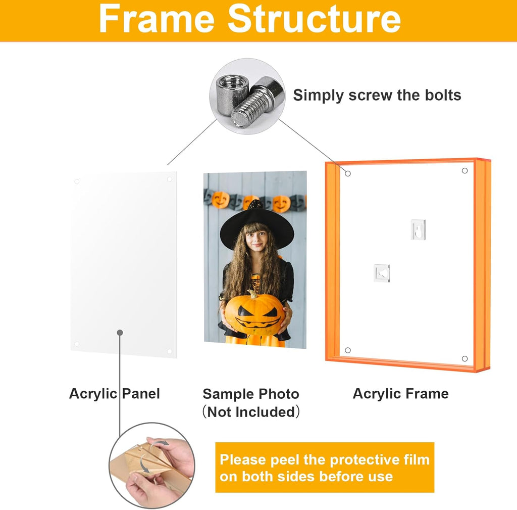 8x10 Picture Frames, Stunning Color Acrylic Photo Frame, Wall & Tabletop Display Frames, Modern Floating Style for Home Office Decoration, Orange (1 Pack)