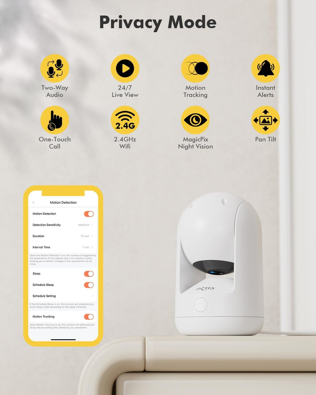 Dzees 5G/2.4G WiFi Indoor Security Camera Pet Camera No Subscription, 2K 360° WiFi Cameras, Wired Dog Pet Camera with Phone App, MagicPix Night Vision, Calls, 2-Way Audio, 24/7, Motion Tracking
