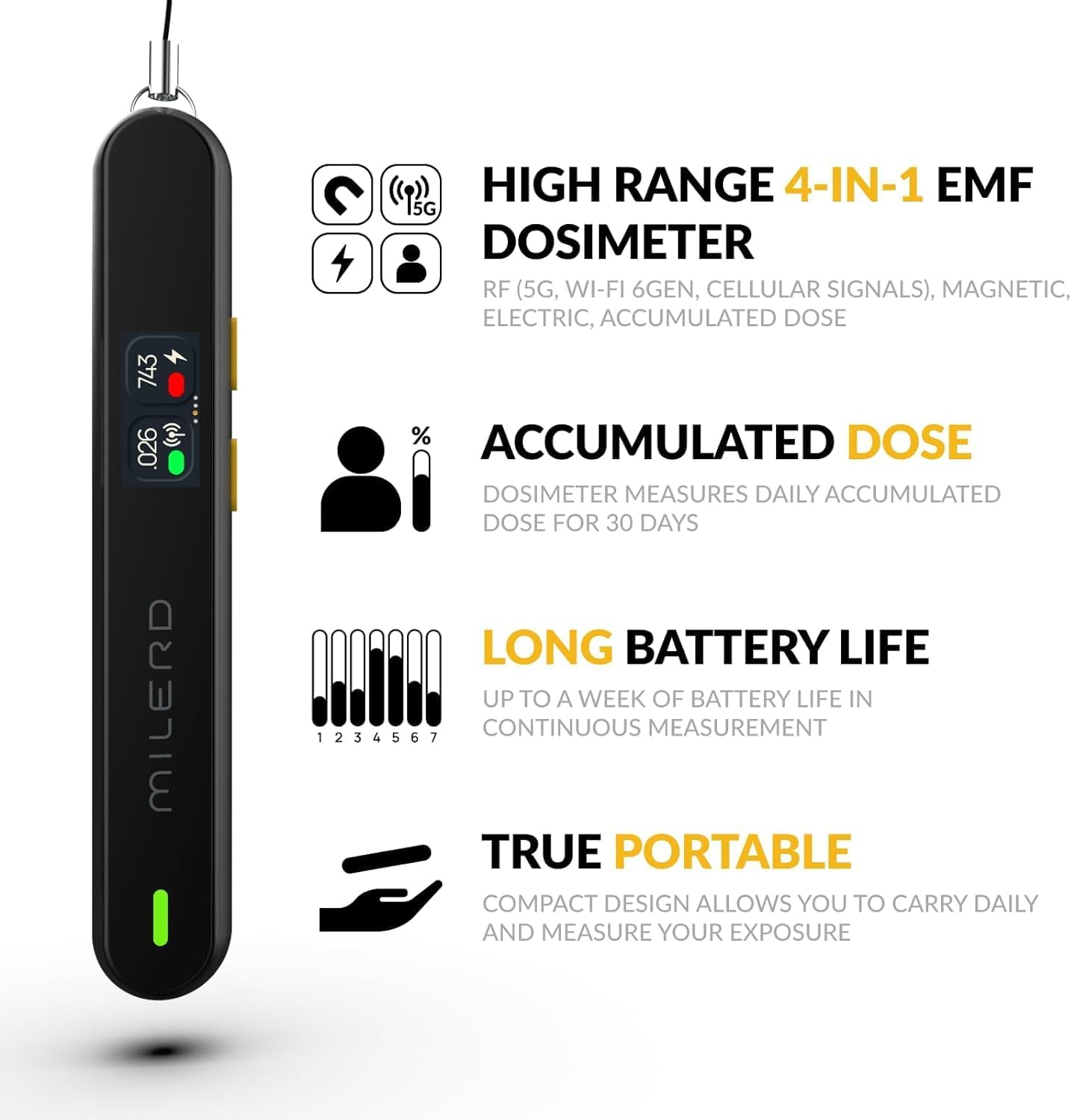 EMF Detector Rechargeable Radio Frequency Electromagnetic Field Radiation Meter 4-in-1 Handheld Digital Cell Phone 5g Detector with Dosimeter Mobile and WiFi Signal Strength Meter (Light Black)