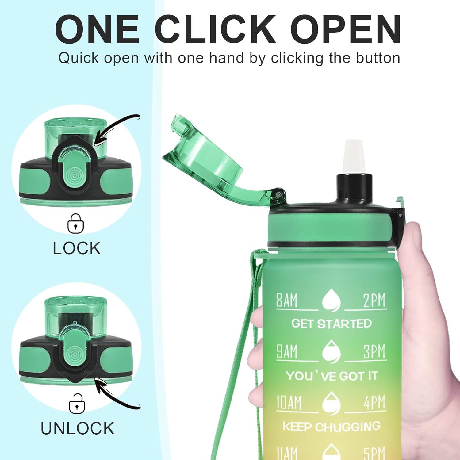 Enerbone Water Bottle, Leakproof BPA & Toxic Free, Motivational Water Bottle with Times to Drink and Straw, Fitness Sports Water Bottle with Strap for Office, Gym, Outdoor Sports