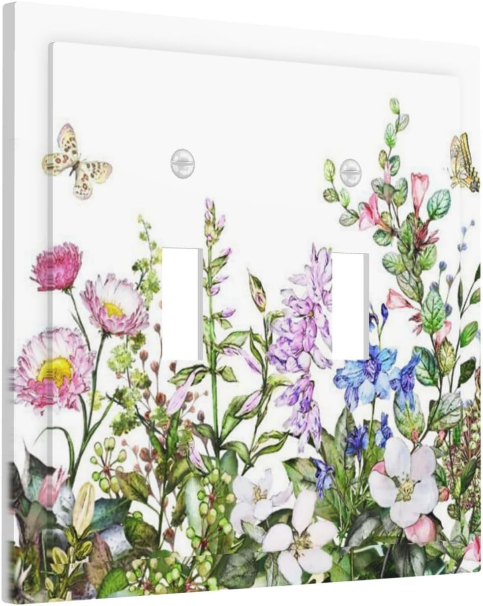 Boho Colorful Wildflowers Butterfly Green Plant Leaf Double Toggle Light Switch Covers 2 Gang Wall Plate Dual Decorative Switchplate Electrical Faceplate for Country Bathroom Bedroom Decor