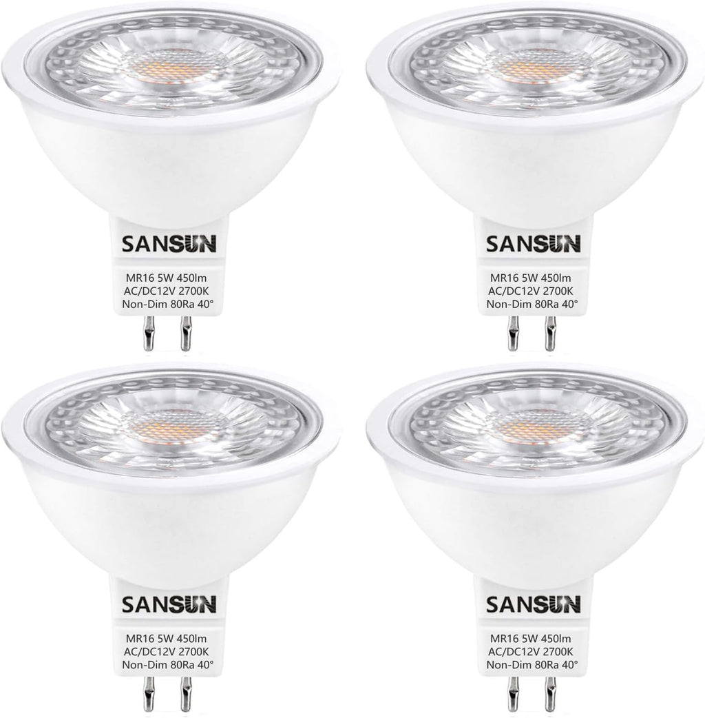 5W MR16 LED Landscape Light Bulbs, Low Voltage 12V 50W Halogen Replacement for Outdoor Landscape Spotlight and Indoor Track Light, GU5.3 Bi-Pin Base, Warm White 2700K, Non-Dimmable (Pack of 4)