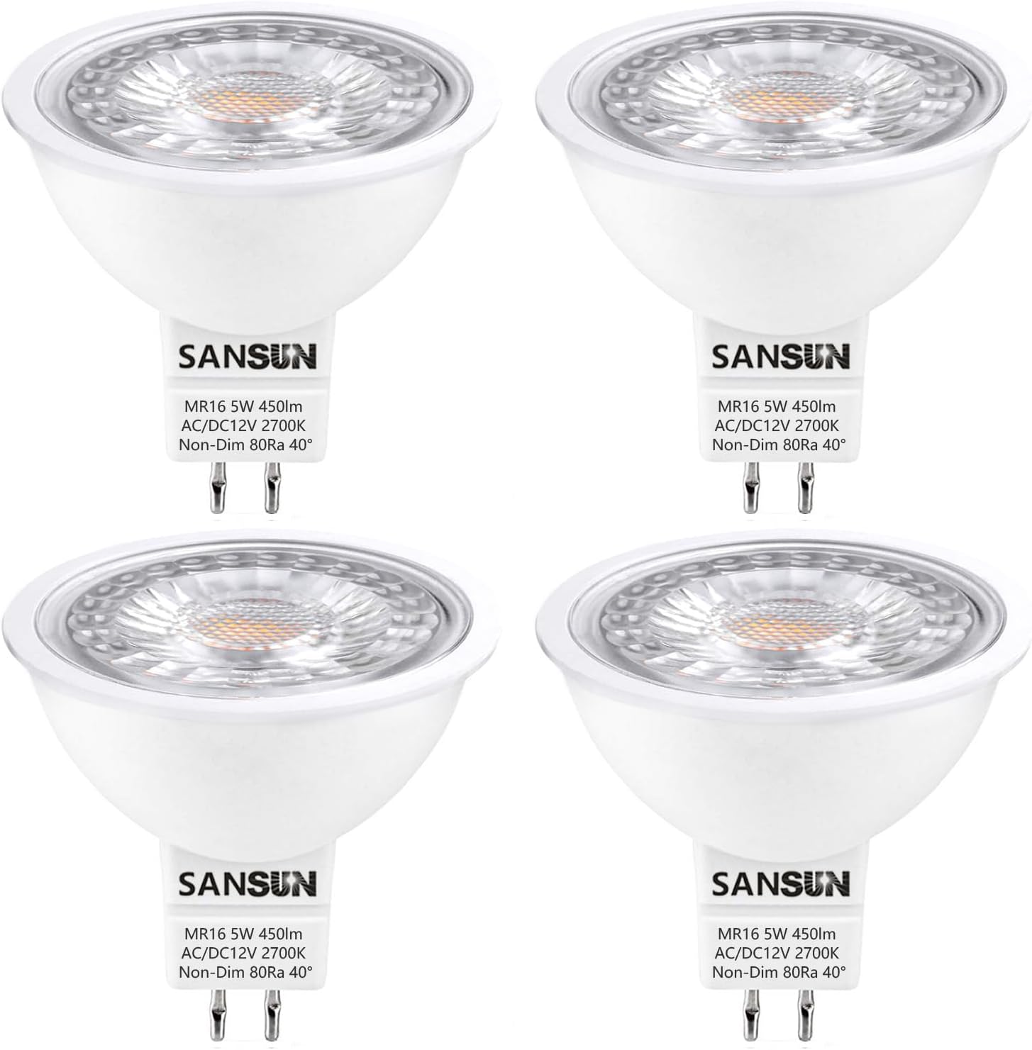 5W MR16 LED Landscape Light Bulbs, Low Voltage 12V 50W Halogen Replacement for Outdoor Landscape Spotlight and Indoor Track Light, GU5.3 Bi-Pin Base, Warm White 2700K, Non-Dimmable (Pack of 4)