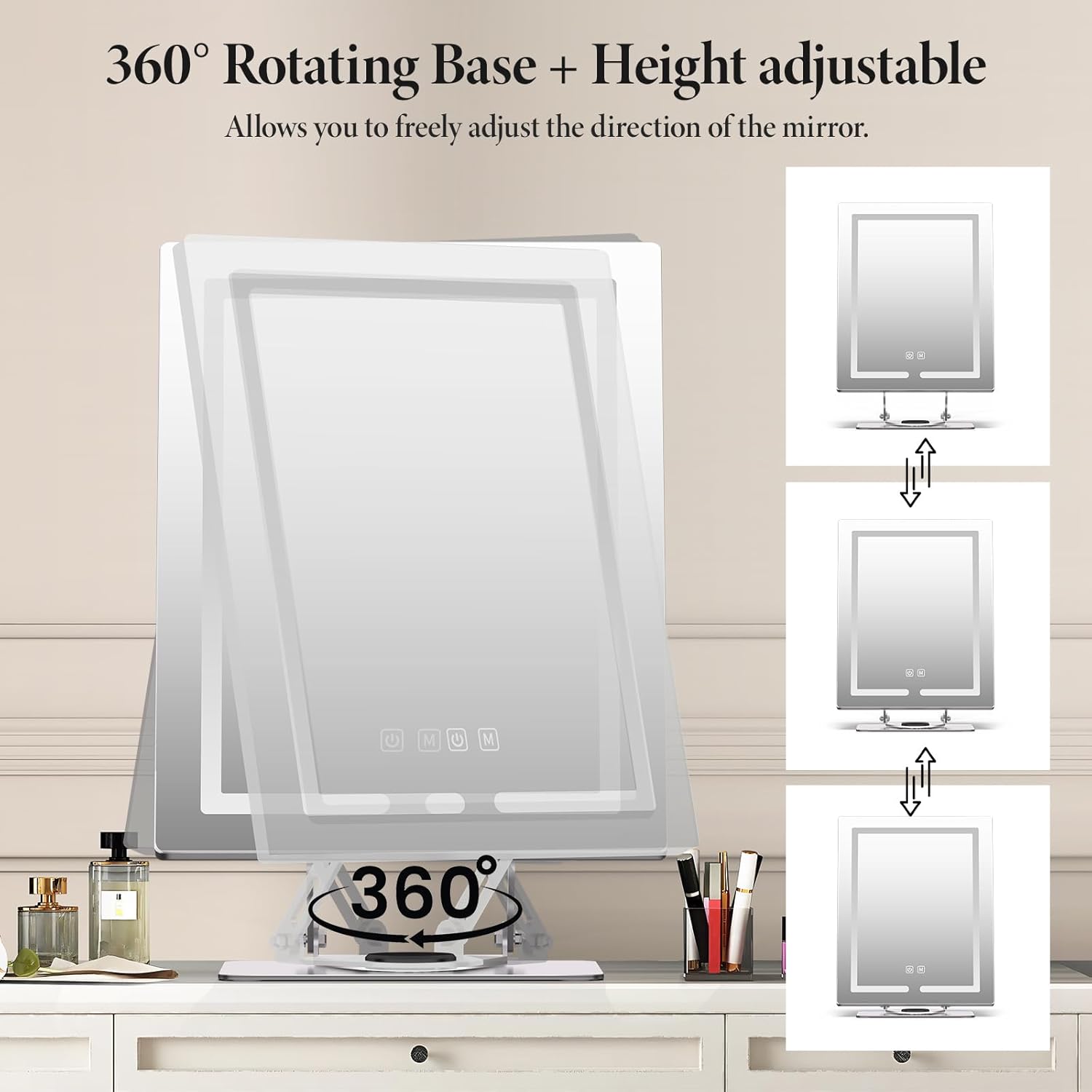 Vanity Mirror with Lights with 360° Rotation, LED Makeup Mirror with 5X Magnification, Lighted Makeup Mirror Adjustable Height, Angle and Light, Smart Touch Control Dark Gray