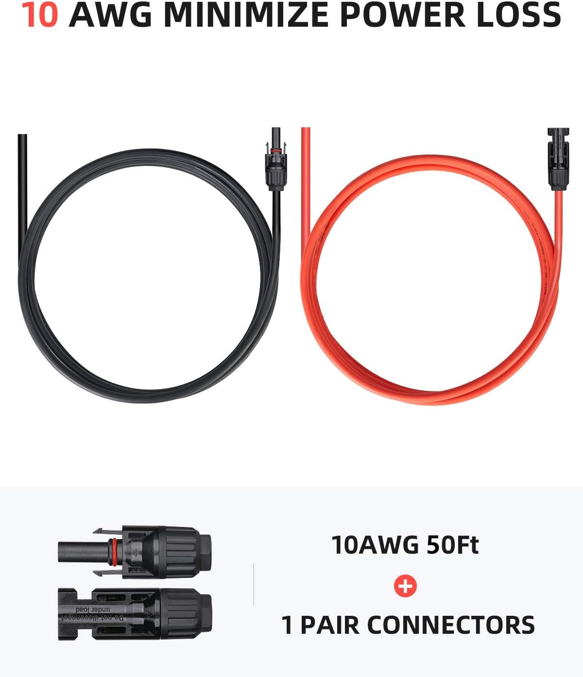 BougeRV 50 Feet 10AWG Solar Extension Cable with Female and Male Connector with Extra Pair of Connectors Solar Panel Adaptor Kit Tool (50FT Red + 50FT Black)