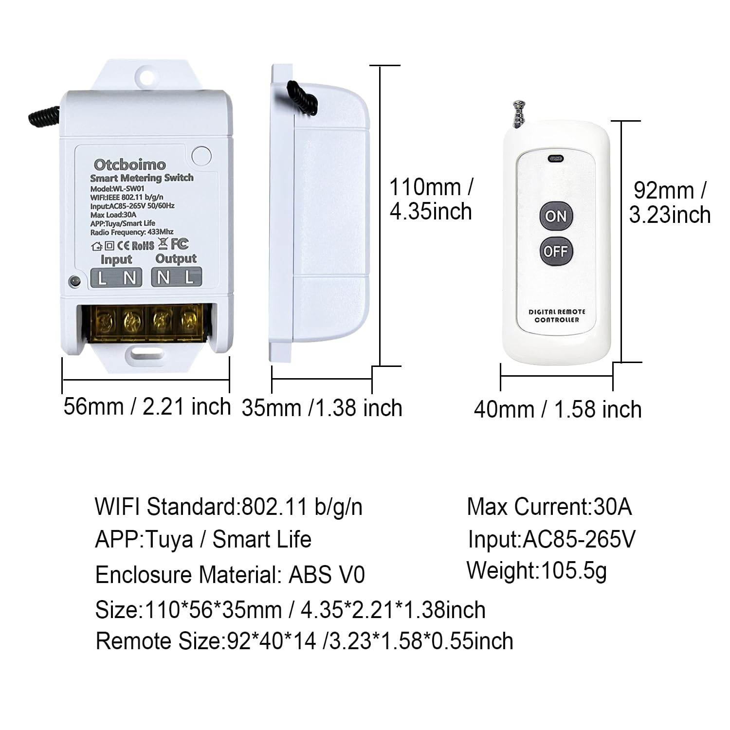 30A Heavy Duty WiFi Wireless Smart Switch with Energy Monitoring, DIY Switch for Smart Home Automation, Tuya APP / RF433Mhz 328FT Remote Control, Timer, Compatible with Alexa & Google Home