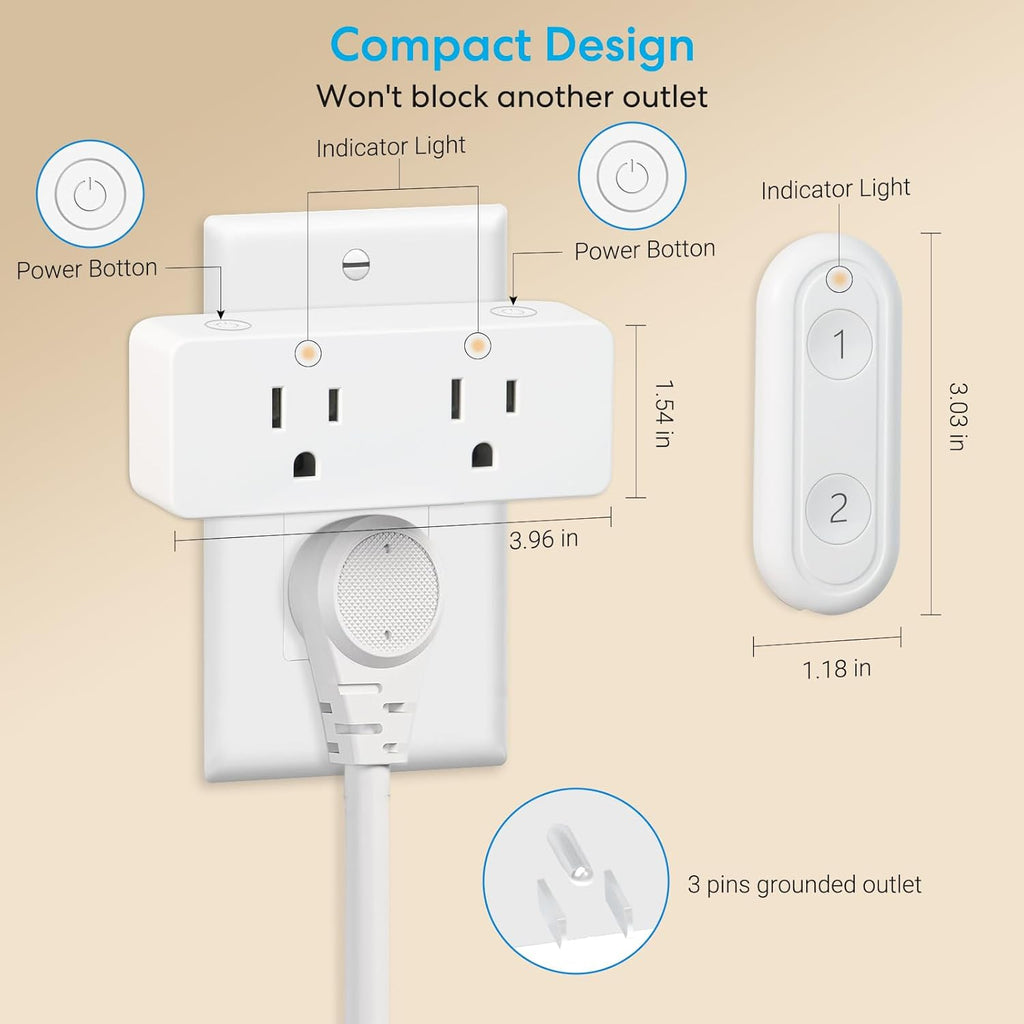 Remote Control Outlet with 2 Independent Sockets & Wireless Light Switch, for Home Appliances (Lamps, Holiday Lights, Fan), Wall Holder & Battery Included, 100FT Range, 15A/1800W