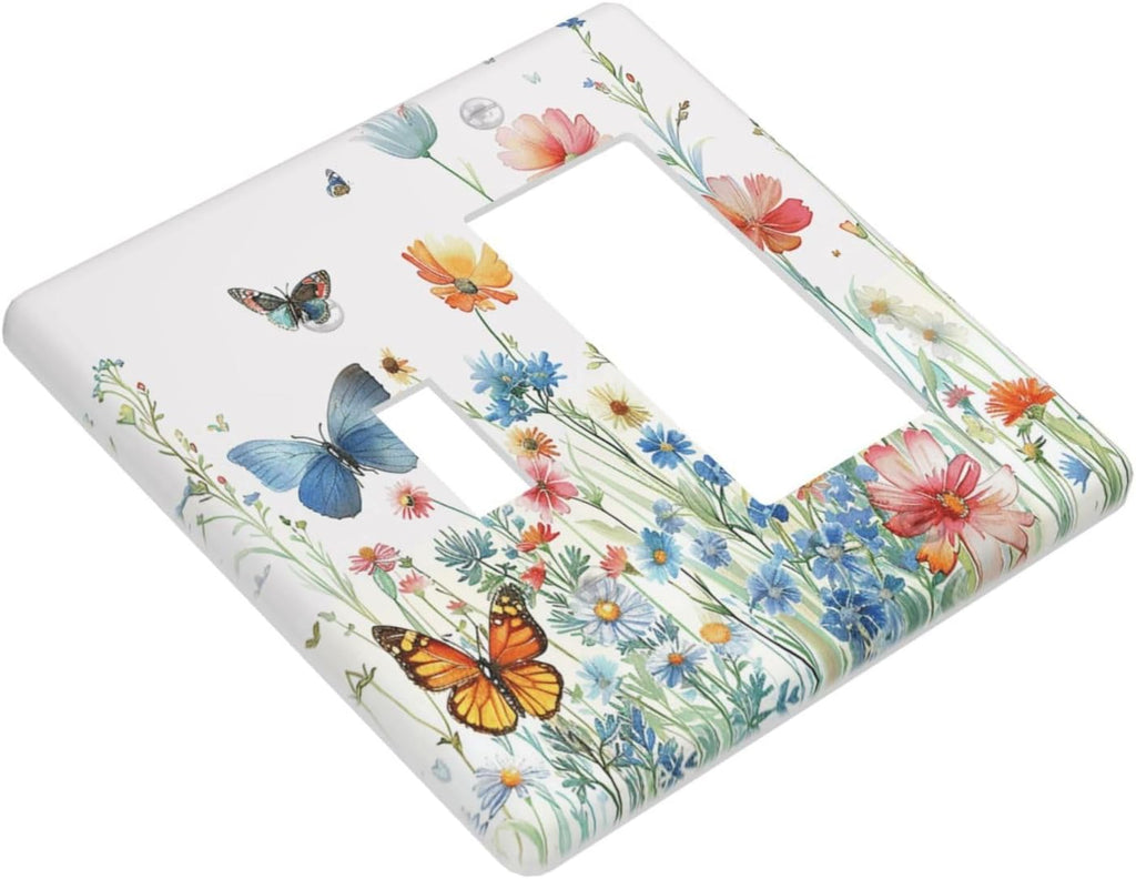 Decorative Outlet Covers Wildflower Blue Pink Floral Butterfly 2 Gang Light Switch Cover Plate Single Toggle 1 Rocker Wall Plates for Electrical Outlets Switch Plate Covers for Home Decor