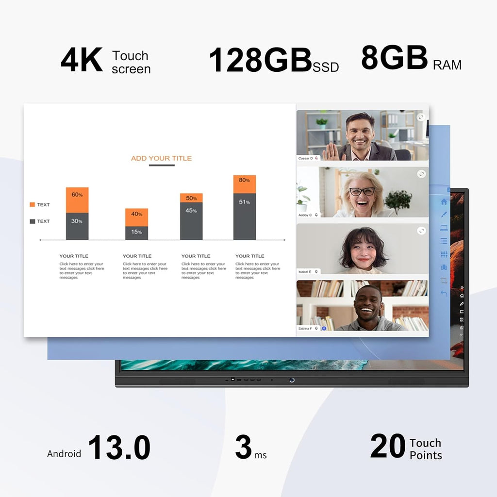 TIBURN R2 75" 4K UHD Smart Board | Smart Digital Whiteboard with TIBURN HQ Eyes S2, 4K Webcam Built-in Mic Auto Framing Auto Tracking