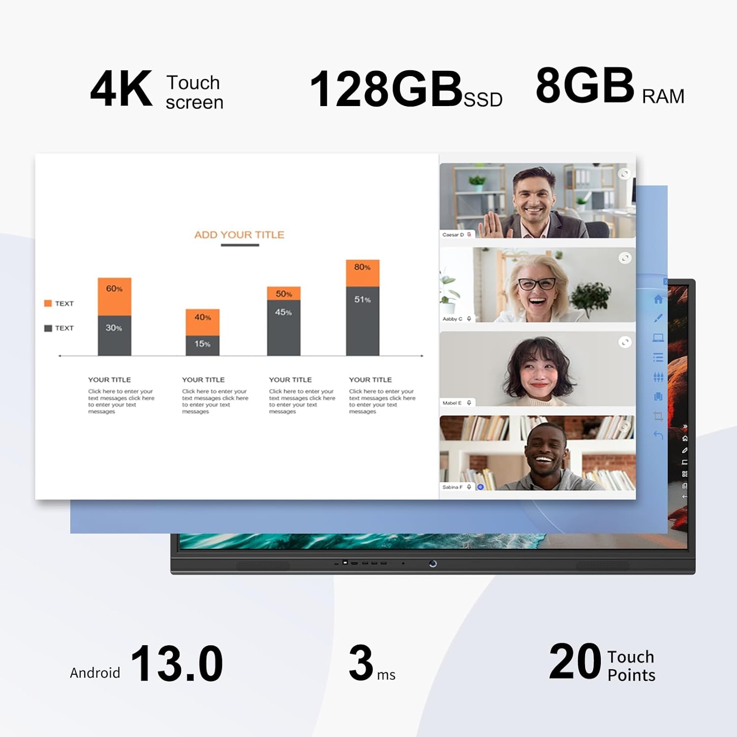 TIBURN R2 75" 4K UHD Smart Board | Smart Digital Whiteboard with TIBURN HQ Eyes S2, 4K Webcam Built-in Mic Auto Framing Auto Tracking