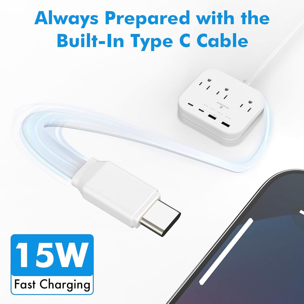 Cruise Essentials Flat Plug Power Strip, Durable 5 ft Extension Cord w/ 3 Outlets Extender & Built-In Type C Cable, 2 USB & 2 USB-C Ports, No Surge Protector for Cruise Travel, Dorm, Home