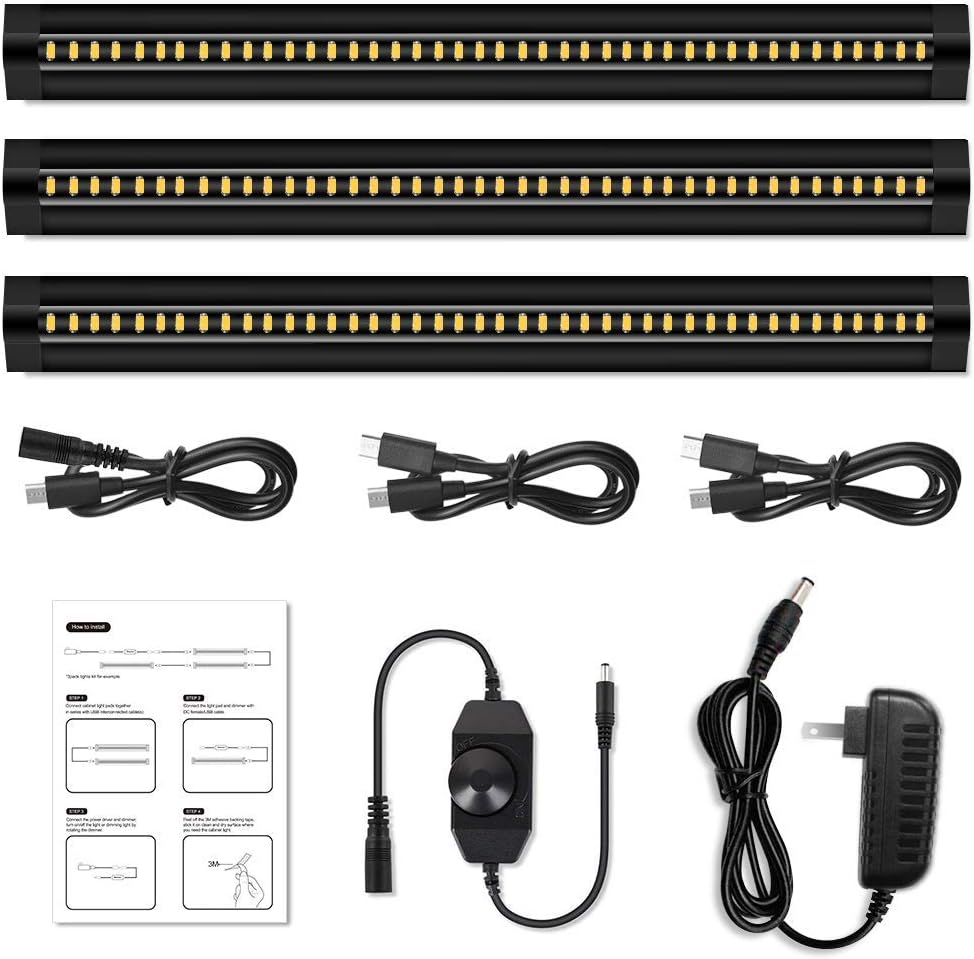 inShareplus 3 Pack 13 inch LED Under Cabinet Lighting, Dimmable, Natural White 4500K, CRI90+, 450Lumens, DC 12V Ultra Thin Under Counter Kitchen Lighting for Kitchen, Shelf, Cupboard, Black