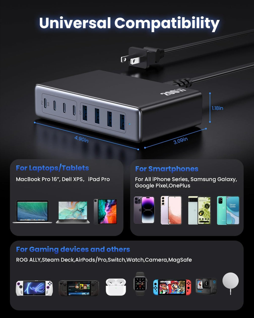 200W USB C Charger Block,GaN IV Charging Station 8 Ports,QC4.0 Fast Charging Station Hub+PD 65W USB C Laptop Charger Adapter Compatible with MacBook Air/Pro,DELL,iPhone 17/16/15,iPad,Steam Deck-Black