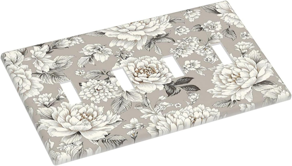 White Poppies Floral Modern Grey Peonies Flowers Light Switch Covers Quad Toggle 4 Gang Wall Plate Decorative Switch Plates Electrical Faceplate for Bedroom Bathroom Decor
