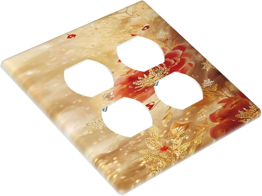 Decorative Outlet Covers Golden Leaf Red Peony Flowers Floral 2 Gang Wall Plate Cover Double Duplex Receptacle Two Switch Light Switch Cover Plate Jumbo Dual Faceplate