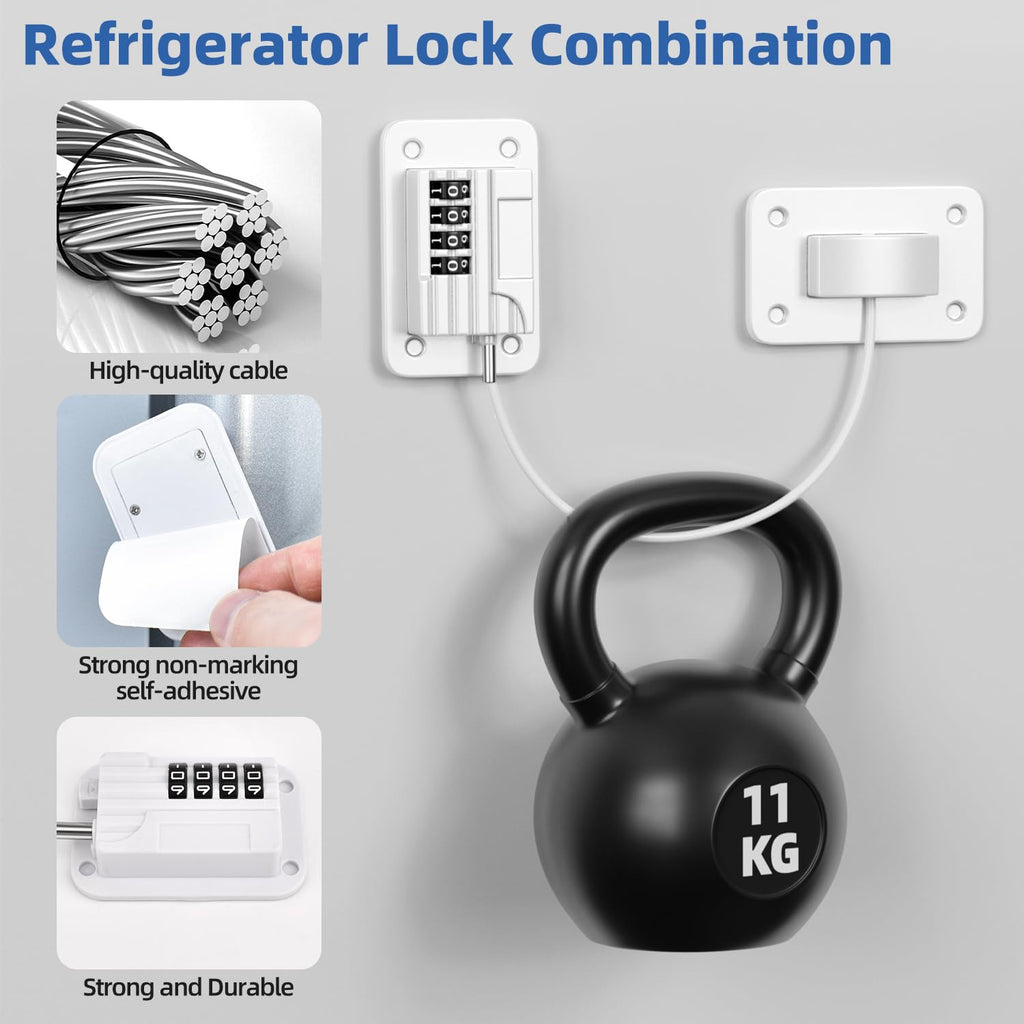 Refrigerator Lock, Heavy Duty Fridge Locks for Kids, Freezer Lock with Combination for Refrigerator Drawer Cabinet Safety, Easy to Install No Keys Needed White, 2 Packs
