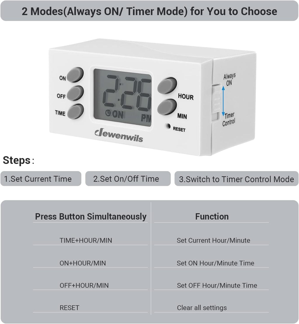 DEWENWILS 24 Hour Outlet Timer, 125V 15A 1000W Timers for Electrical Outlets, 1 Polarized Outlet, Digital Light Timer for Christmas Decor, Lamp, Fan, Aquarium, 1/2 HP, 2 Pack, UL Listed
