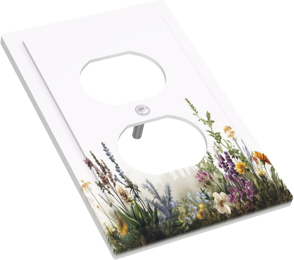 Outlet Covers White Background Colorful Flowers Plants Green Leaves 1 Gang Duplex Light Switch Cover Plate Decorative Switch Plate Covers Electrical Socket Cover for Bedroom Home Decor