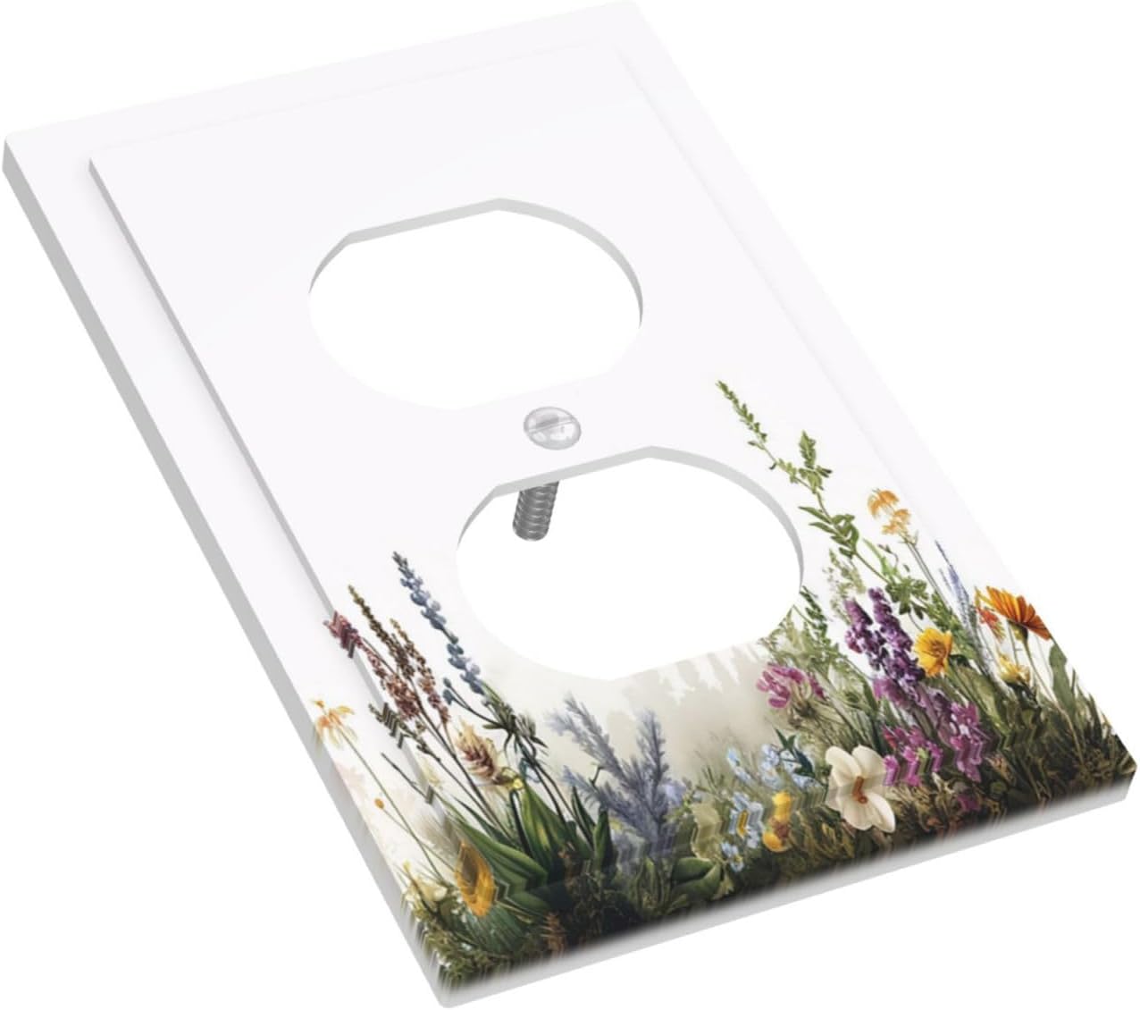 Outlet Covers White Background Colorful Flowers Plants Green Leaves 1 Gang Duplex Light Switch Cover Plate Decorative Switch Plate Covers Electrical Socket Cover for Bedroom Home Decor