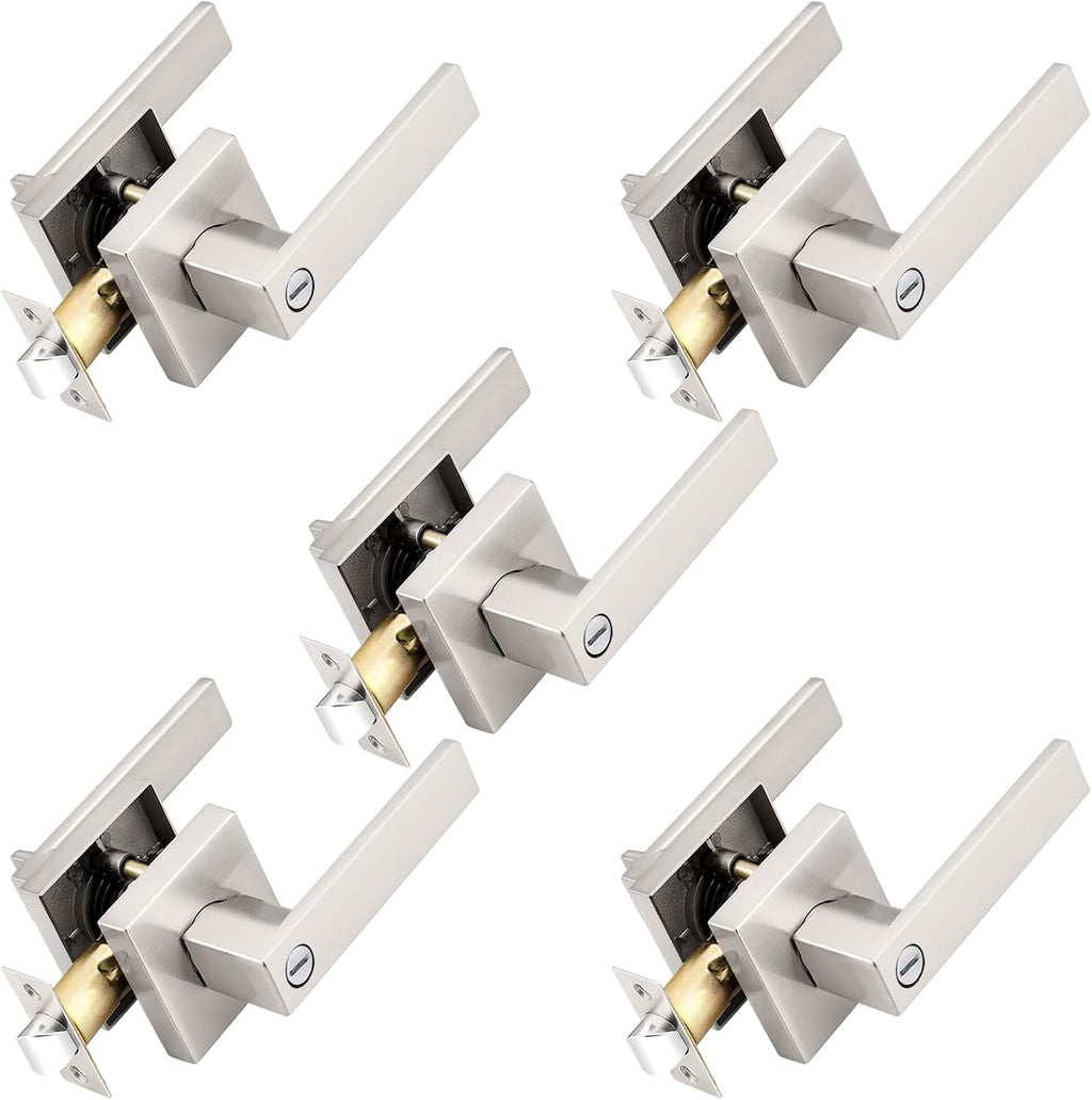 Probrico Interior Brushed Nickel Door Handle, Heavy Duty, Flat Square Privacy Door Handles, Keyless Door Levers Lockset for Bedroom and Bathroom (5 Pack, Modern)