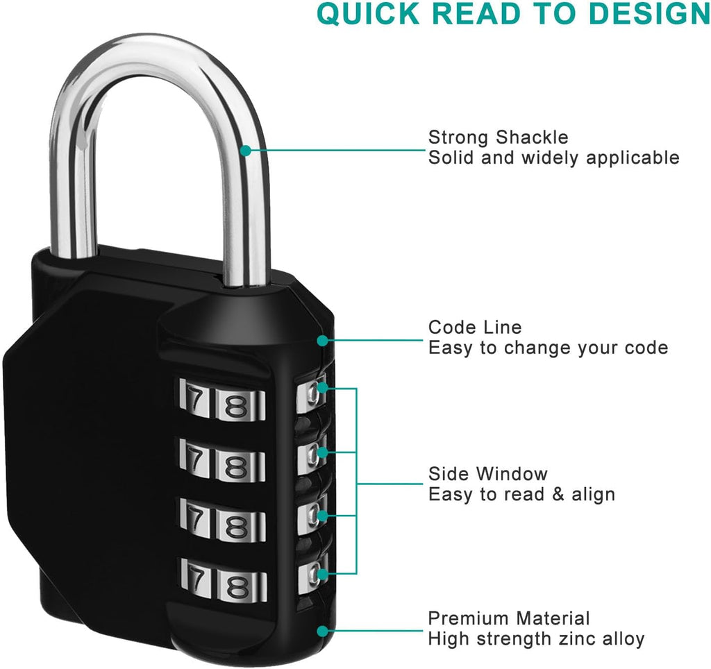 ZHEGE Padlock, Combination Lock 4 Digits, Outdoor Padlock Weatherproof for Gym Locker, Garden Fence Gate (Black)