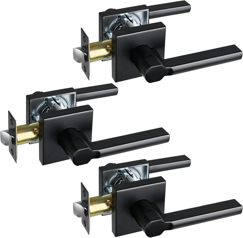 Passage Door Lever (No Lock), Heavy Duty Interior Square Handle for Hallway and Closet, Matte Black, Reversible for Right&Left Handed, 3Packs