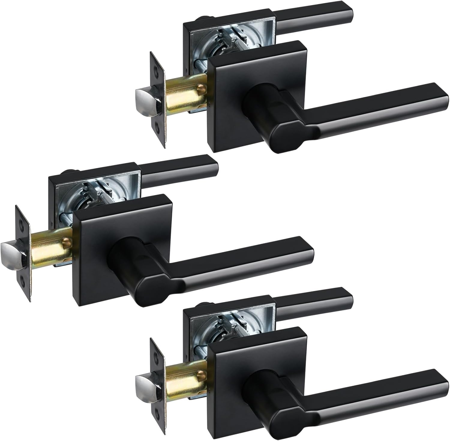 Passage Door Lever (No Lock), Heavy Duty Interior Square Handle for Hallway and Closet, Matte Black, Reversible for Right&Left Handed, 3Packs