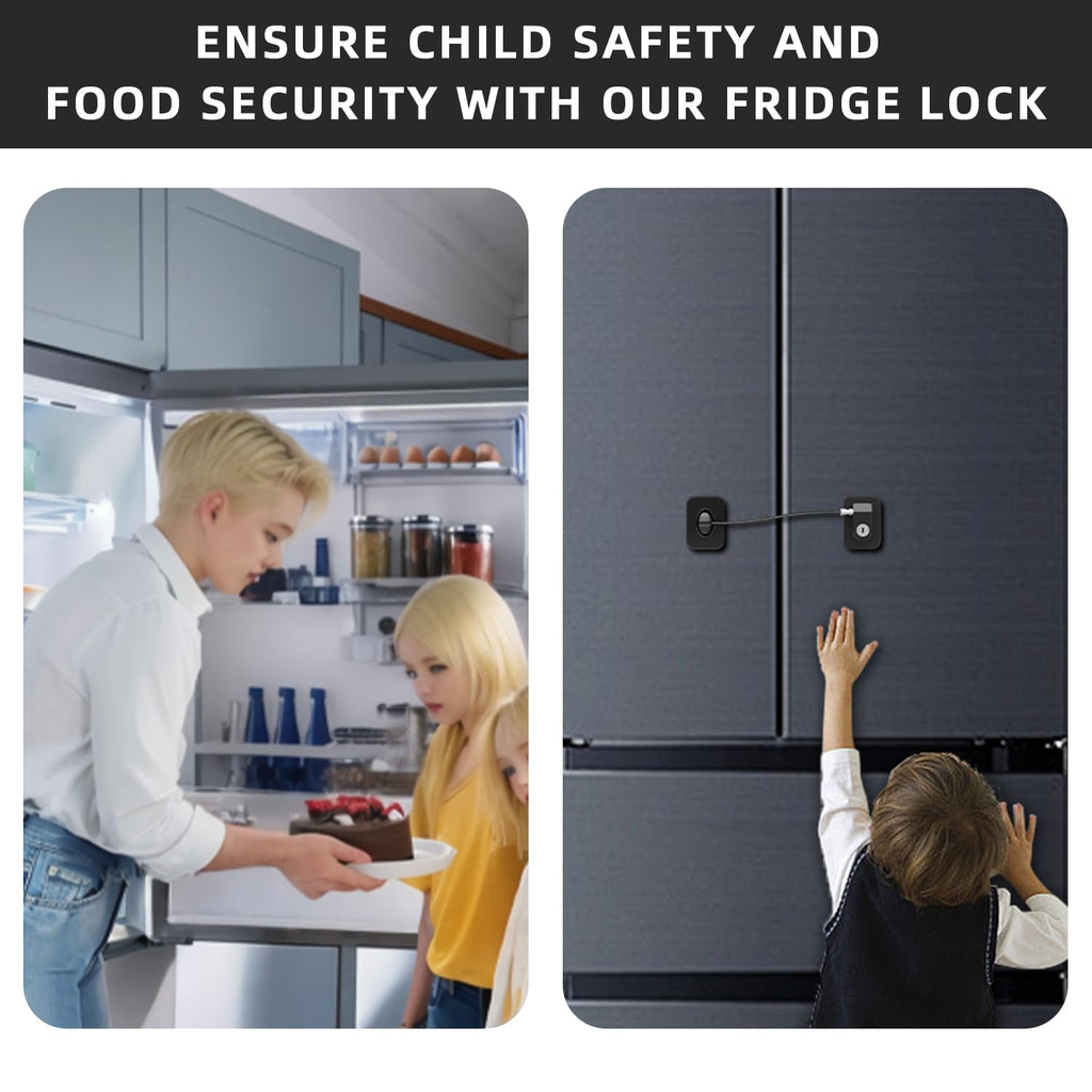 Refrigerator Lock 2 Packs, Fridge Lock with Silicone Wire Protection Fridge Locks for Kids Easy to Use and Install Cabinet Locks with Key, Black