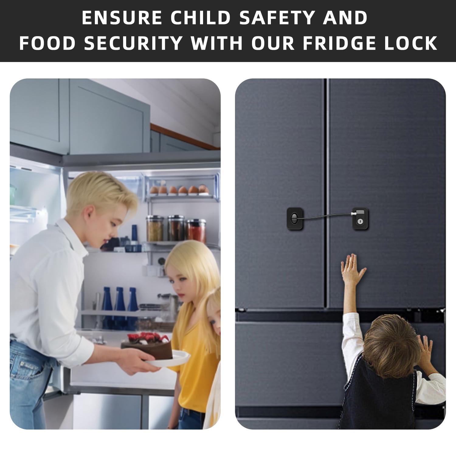 Refrigerator Lock 2 Packs, Fridge Lock with Silicone Wire Protection Fridge Locks for Kids Easy to Use and Install Cabinet Locks with Key, Black