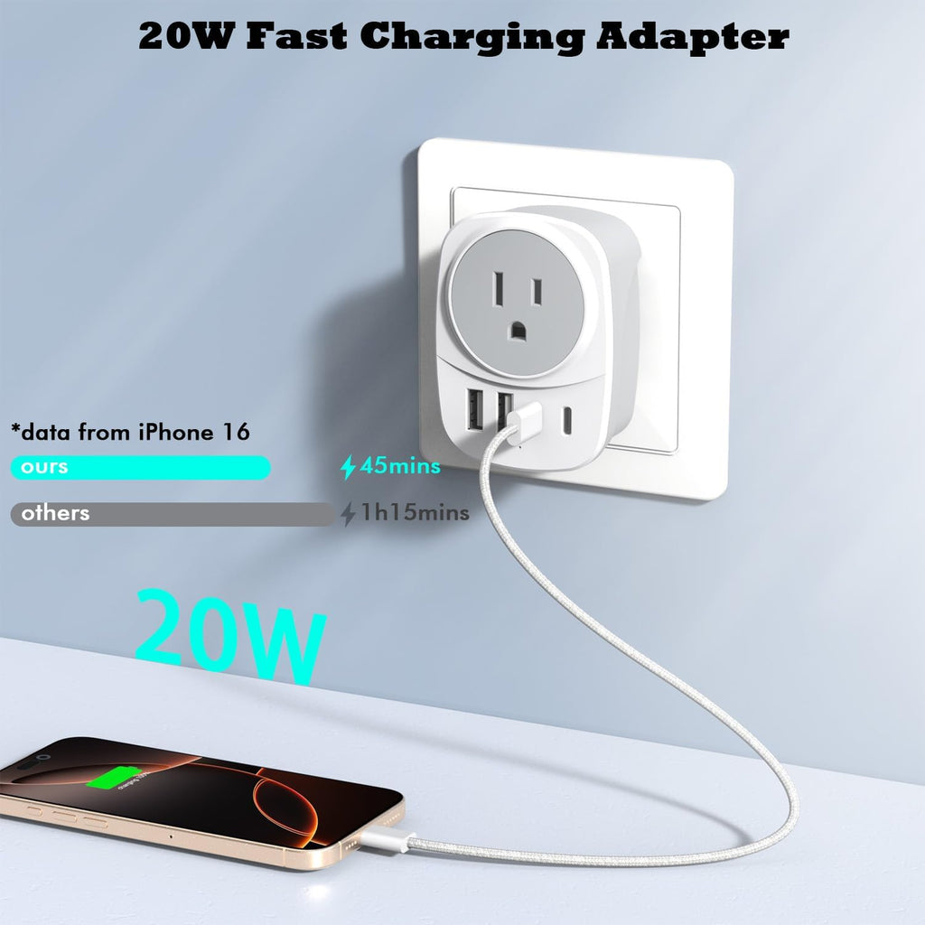European Travel Plug Adapter,Universal Travel International Power Adapter 2 USBC Port and 2 USBA Port,Fast Charging USB C-C Woven Cable,USB C Power Plug for US to Europe Adapters for Multiple Devices
